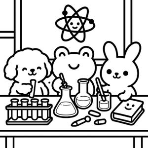 May include: Black and white illustration of a science lab with cartoon animals. A dog, frog, and rabbit are working with beakers, test tubes, and a book. An atom symbol with a smiling face is above them.
