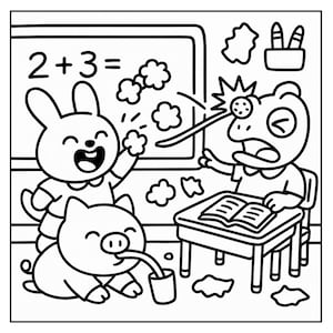 May include: Black and white cartoon illustration of a classroom scene. A chalkboard displays the equation 2+3=. A rabbit and a pig are smiling. A frog is sitting at a desk, looking surprised. The image is a line drawing.