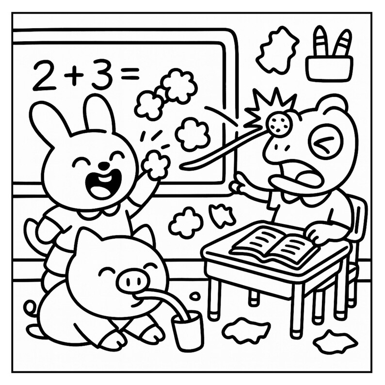 May include: Black and white cartoon illustration of a classroom scene. A chalkboard displays the equation 2+3=. A rabbit and a pig are smiling. A frog is sitting at a desk, looking surprised. The image is a line drawing.