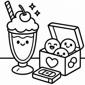 May include: Black and white cartoon illustration of a milkshake with a cherry on top, a box of smiling balls, and a VHS tape. The milkshake has a smiling face and a striped straw. The box has a heart and the number 8.