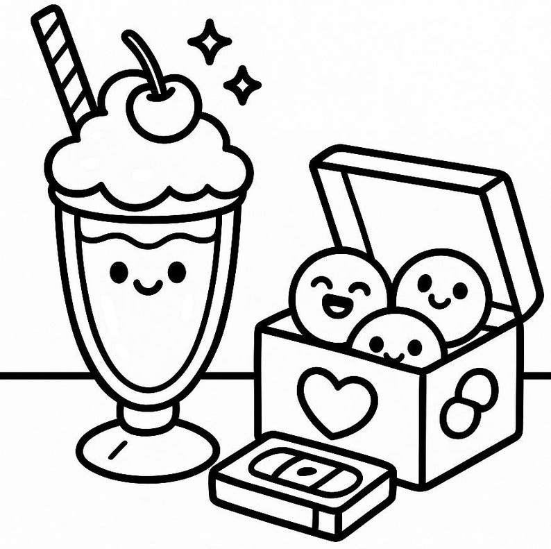 May include: Black and white cartoon illustration of a milkshake with a cherry on top, a box of smiling balls, and a VHS tape. The milkshake has a smiling face and a striped straw. The box has a heart and the number 8.