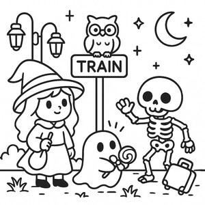 May include: Black and white cartoon illustration featuring a witch, owl, ghost, and skeleton near a sign that says "TRAIN". The witch wears a hat and holds a bag. The ghost holds a lollipop, and the skeleton has a suitcase.