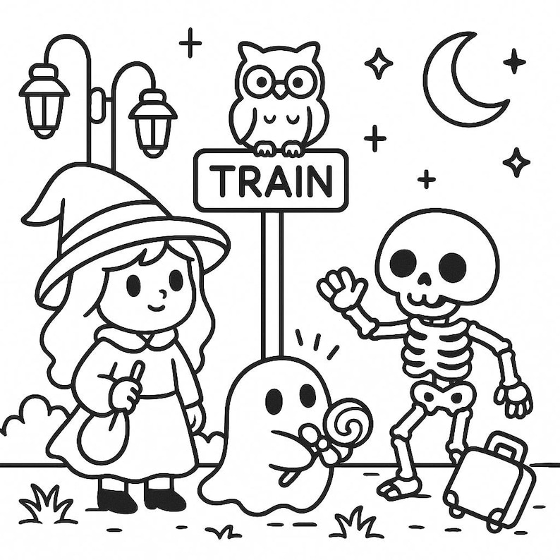 May include: Black and white cartoon illustration featuring a witch, owl, ghost, and skeleton near a sign that says "TRAIN". The witch wears a hat and holds a bag. The ghost holds a lollipop, and the skeleton has a suitcase.