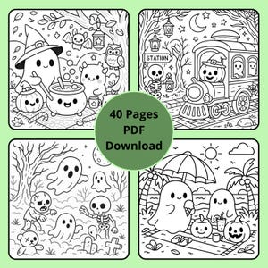 May include: Black and white Halloween-themed coloring book pages. The images include ghosts, pumpkins, bats, owls, and a train. The text "40 Pages PDF Download" is in a green circle.