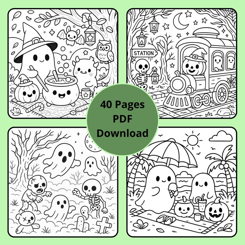 May include: Black and white Halloween-themed coloring book pages. The images include ghosts, pumpkins, bats, owls, and a train. The text "40 Pages PDF Download" is in a green circle.