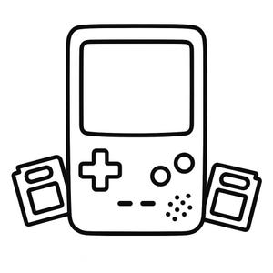 May include: Black and white line art illustration of a handheld video game console with a screen, directional pad, buttons, and two game cartridges. The design is simple and reminiscent of retro gaming.