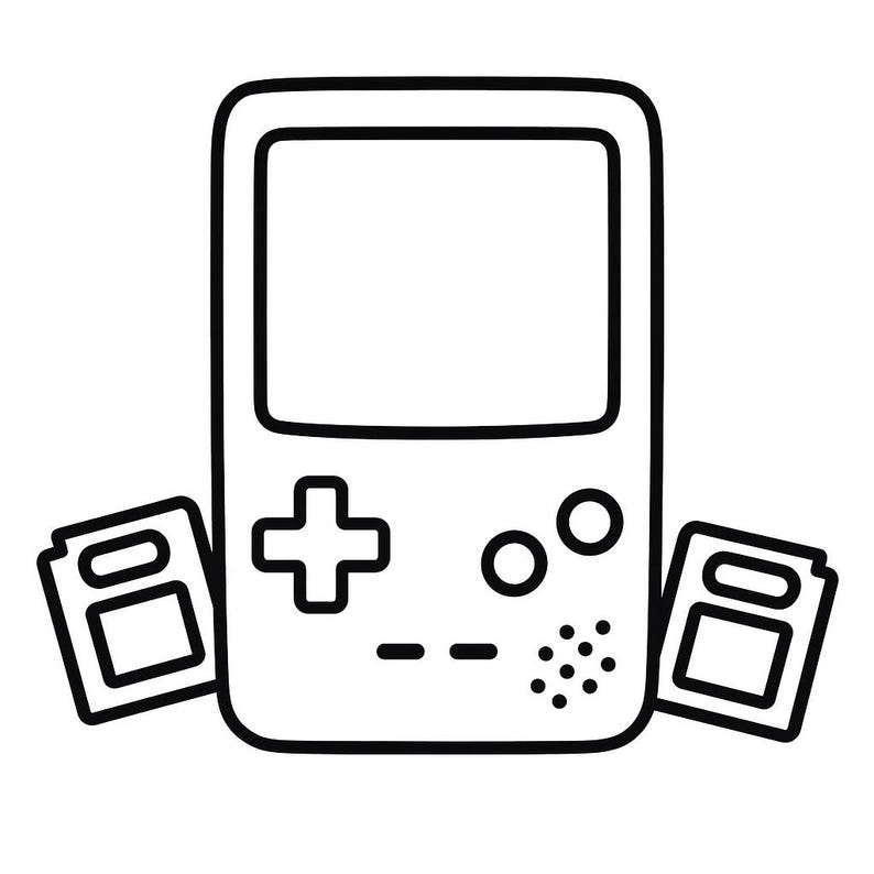 May include: Black and white line art illustration of a handheld video game console with a screen, directional pad, buttons, and two game cartridges. The design is simple and reminiscent of retro gaming.