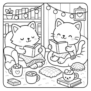 May include: Black and white illustration of two cats reading books in a cozy setting. One cat is in a chair, the other on a beanbag. There are mugs of hot chocolate, a pillow, and a framed heart on the wall. A bookshelf and string lights complete the scene.
