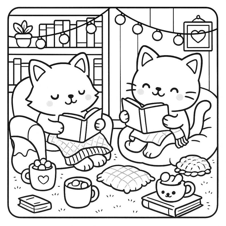 May include: Black and white illustration of two cats reading books in a cozy setting. One cat is in a chair, the other on a beanbag. There are mugs of hot chocolate, a pillow, and a framed heart on the wall. A bookshelf and string lights complete the scene.