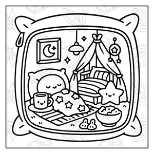 May include: Black and white line art illustration of a cozy bedroom scene inside a pillow frame. Features a bed, a smiling character, a cup, a star, and a crescent moon.