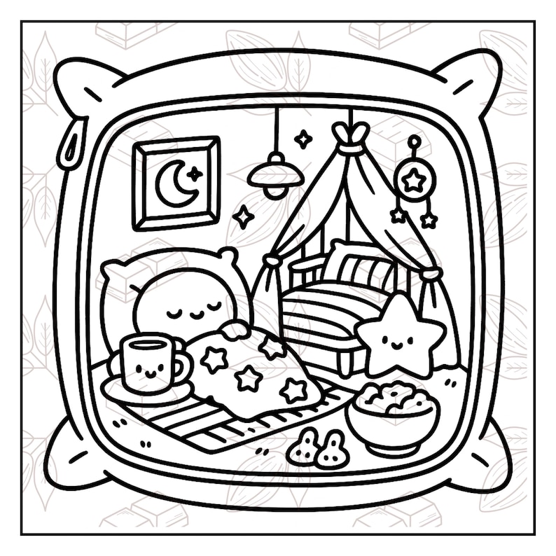 May include: Black and white line art illustration of a cozy bedroom scene inside a pillow frame. Features a bed, a smiling character, a cup, a star, and a crescent moon.