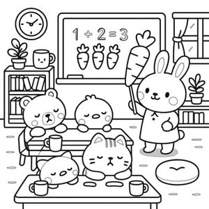 May include: Black and white illustration of a classroom scene with animal characters. A bunny teacher holds a carrot, while other animals sit at desks. A chalkboard displays a math problem.