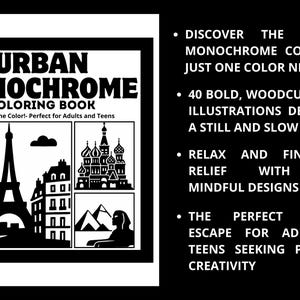 May include: Black and white "Urban Monochrome Coloring Book" with illustrations of cityscapes and landmarks. Text on the cover reads "Use Just One Color! - Perfect for Adults and Teens". Additional text on the right side.
