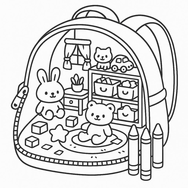 May include: Black and white line art illustration of a backpack interior filled with toys. A bunny, bear, cat, and car are inside, along with a small table, a shelf with boxes, and crayons. The backpack is zipped closed.
