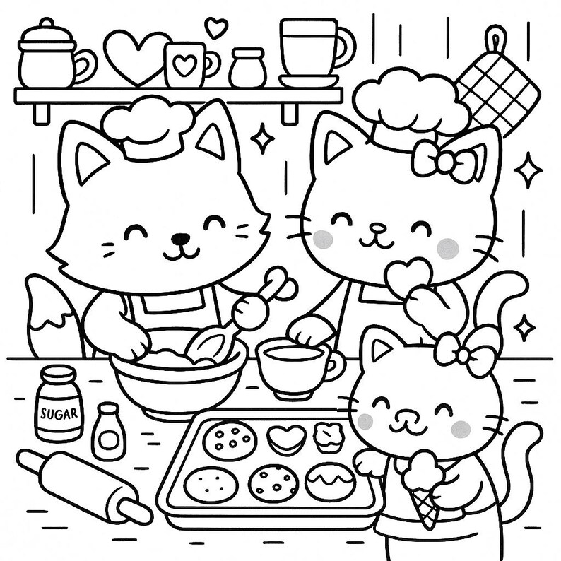 May include: Black and white illustration of three cartoon cats baking. One cat mixes ingredients, another holds a heart, and the third holds an ice cream cone. Baking tools and baked goods are also visible.
