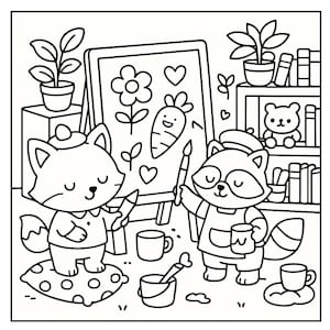 May include: Black and white illustration of a fox and raccoon painting on an easel. The easel displays a flower, carrot, and hearts. The fox stands on a polka-dot pillow, and the raccoon wears glasses and an apron. Other items include plants, books, and cups.