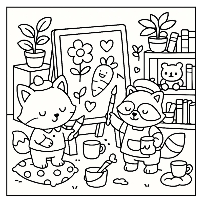 May include: Black and white illustration of a fox and raccoon painting on an easel. The easel displays a flower, carrot, and hearts. The fox stands on a polka-dot pillow, and the raccoon wears glasses and an apron. Other items include plants, books, and cups.