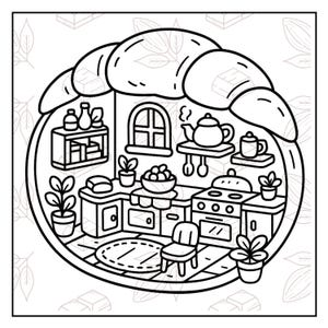 May include: Black and white line art illustration of a kitchen scene inside a croissant shape. The kitchen includes a stove, cabinets, a window, and various plants. A teapot sits on a shelf, and a small rug is on the floor.
