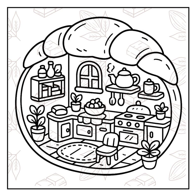 May include: Black and white line art illustration of a kitchen scene inside a croissant shape. The kitchen includes a stove, cabinets, a window, and various plants. A teapot sits on a shelf, and a small rug is on the floor.