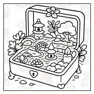 May include: Black and white line art illustration of a jewelry box with a miniature Japanese garden inside. The garden features a bridge, pagodas, a tree, and a pond with a lotus flower. A flower adorns the top of the box.