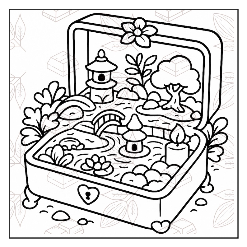 May include: Black and white line art illustration of a jewelry box with a miniature Japanese garden inside. The garden features a bridge, pagodas, a tree, and a pond with a lotus flower. A flower adorns the top of the box.