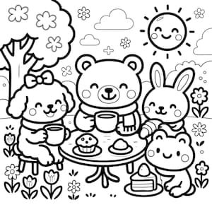 May include: Black and white line art illustration of a picnic scene with a dog, bear, rabbit, and frog around a table. The table has a cupcake, a scone, and a slice of cake. The sun, clouds, flowers, and a tree are in the background.
