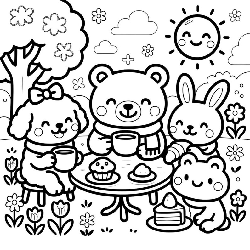 May include: Black and white line art illustration of a picnic scene with a dog, bear, rabbit, and frog around a table. The table has a cupcake, a scone, and a slice of cake. The sun, clouds, flowers, and a tree are in the background.