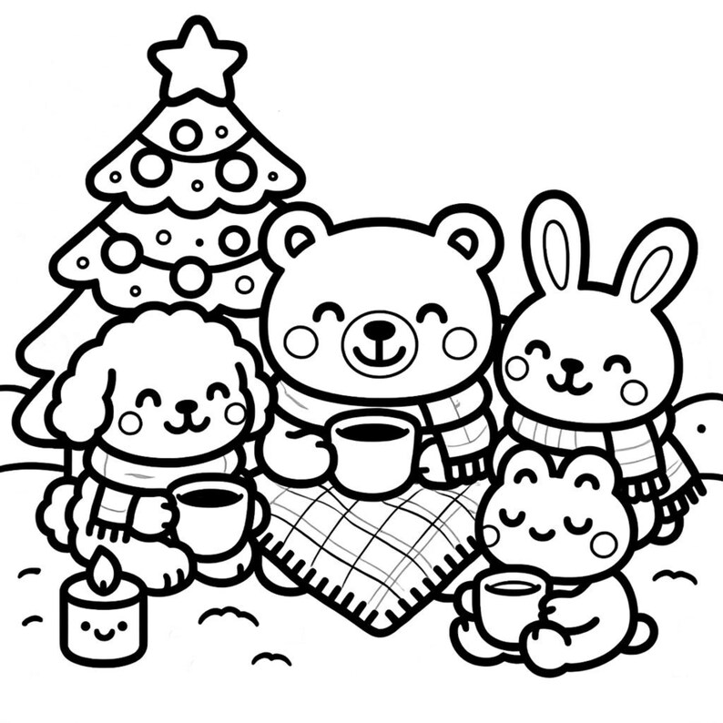 May include: Black and white illustration of a Christmas scene with a decorated tree and four cartoon animals: a dog, bear, rabbit, and frog. Each animal is wearing a scarf and holding a mug, gathered around a picnic blanket. A lit candle is also present.
