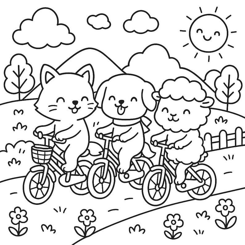 May include: Black and white line art illustration of a cat, dog, and sheep riding bicycles. The animals are smiling and riding on a path with flowers, trees, clouds, a sun, and mountains in the background. The cat has a basket on its bike.