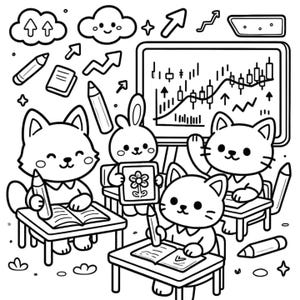 May include: Black and white illustration of a classroom scene with animal characters. A fox, rabbit, and two cats are at desks, studying. A whiteboard displays a graph. Arrows, clouds, and pencils are scattered around the scene.