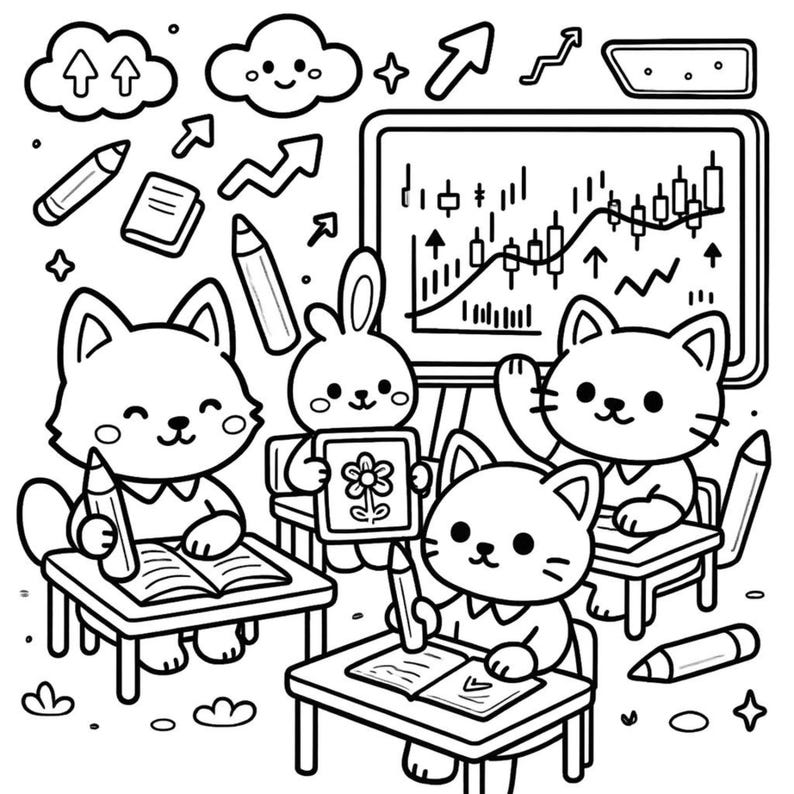 May include: Black and white illustration of a classroom scene with animal characters. A fox, rabbit, and two cats are at desks, studying. A whiteboard displays a graph. Arrows, clouds, and pencils are scattered around the scene.