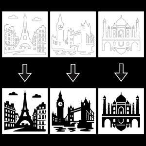 May include: Black and white illustrations of famous landmarks. The top row shows line drawings of the Eiffel Tower, Big Ben, and the Taj Mahal. The bottom row shows the same landmarks in solid black silhouettes.