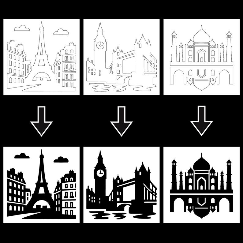 May include: Black and white illustrations of famous landmarks. The top row shows line drawings of the Eiffel Tower, Big Ben, and the Taj Mahal. The bottom row shows the same landmarks in solid black silhouettes.