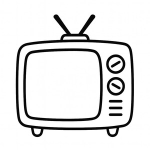 May include: A black and white line drawing of a retro television set. The television has a rectangular screen, two knobs, and a set of three horizontal lines. Two antennas are on top of the television.