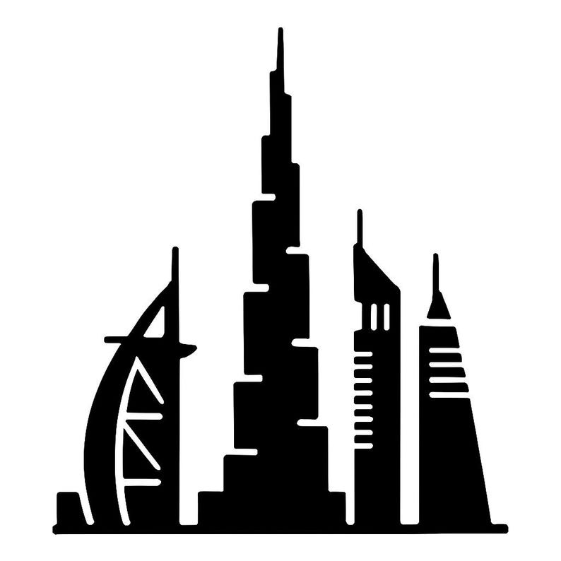 May include: A black and white silhouette of the Dubai skyline, featuring iconic buildings like the Burj Khalifa and the Burj Al Arab. The image showcases the city's modern architecture and distinctive shapes.