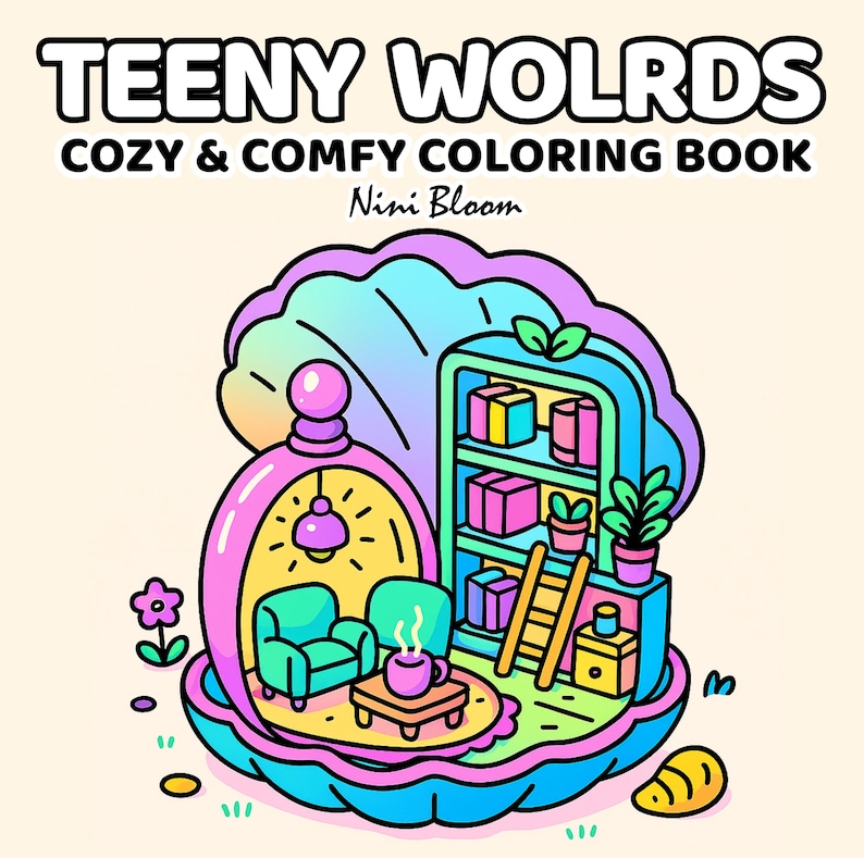 May include: A colorful illustration of a coloring book cover. The title "TEENY WOLRDS" is at the top, with "COZY & COMFY COLORING BOOK" below it. The artwork features a cozy scene inside a shell, with furniture, a bookshelf, and the author's name, Nini Bloom.