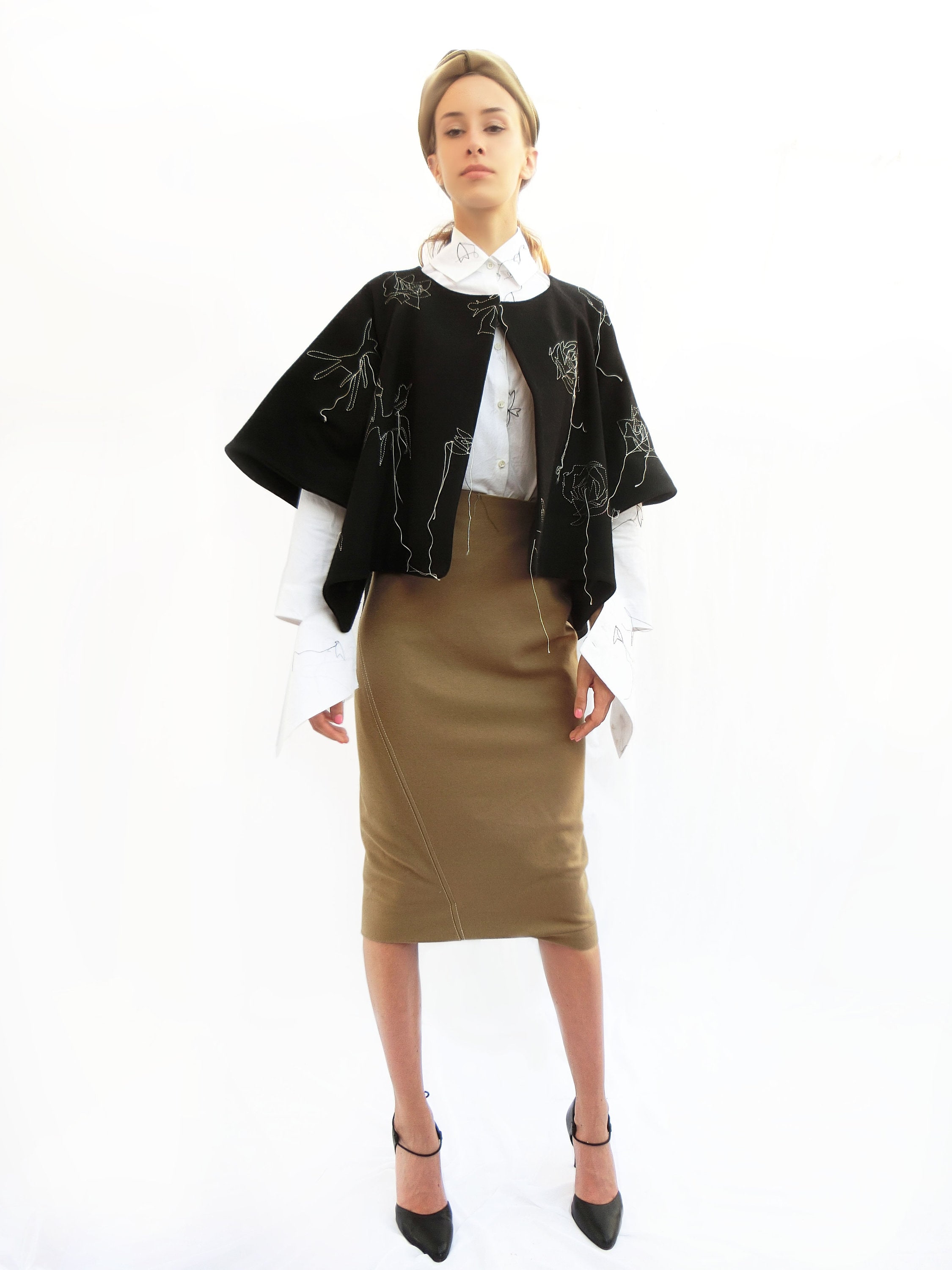 Wool Wide Jacket With Embroidered Stitching/ Black/ 100% Wool