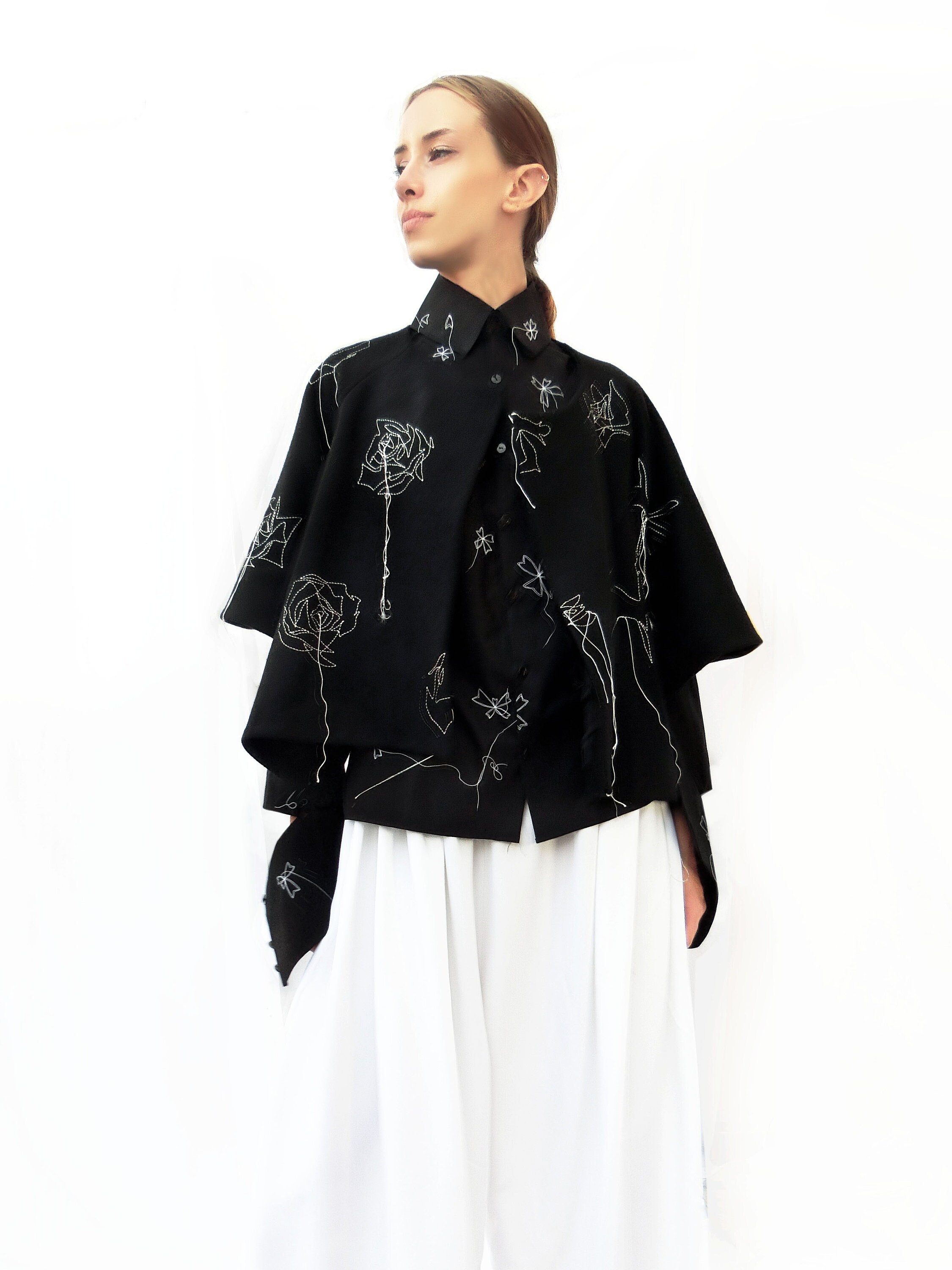 Wool Wide Jacket With Embroidered Stitching/ Black/ 100% Wool