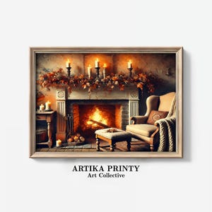 Cozy Fireplace Oil Painting Wall Art Print | Warm Fall Vibes with Candles and Rustic Charm