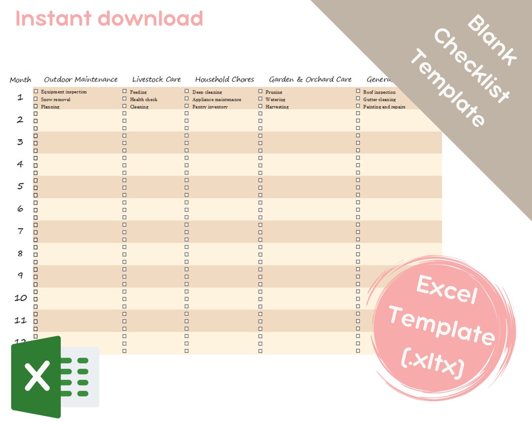CUSTOM Blank Excel Template Checklist by Month Neutral Beige All on One