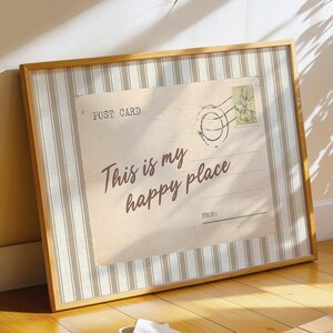 Art mural carte postale This Is My Happy Place, citation minimaliste à rayures vintage imprimable, décoration grand millénaire, impression horizontale tendance