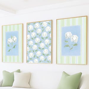 Blue Green Hydrangea Set Of 3 Prints, Modern Southern Floral Wall Art, Preppy Grandmillennial Decor, Coastal Grandma Flower Chinoiserie Art