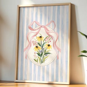 Coquette Wildflower Blue Stripe Wall Art, Pink Bow Floral Print, Cottagecore Soft Feminine Botanical Print, Girly Romantic Vintage Printable
