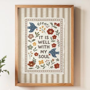 It Is Well With My Soul Botanical Striped Wall Art, Vintage Floral Scripture Hymn Print Decor, Grandmillennial Flowers & Quote Printable