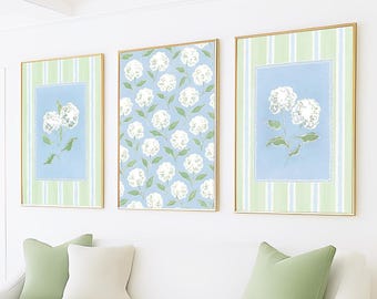 Set di 3 stampe di ortensie blu-verdi, moderna arte murale floreale del sud, arredamento preppy per i grandmillennial, arte cineseria con fiori della nonna costiera