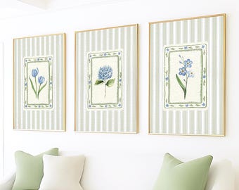 Blue and Green Floral Botanical Set Of 3 Prints | Modern Southern Art | Tulip, Hydrangea & Forget Me Not | Grandmillennial Digital Download