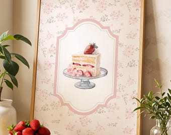 Vintage Strawberry Shortcake Wall Art, Cottagecore Pink Floral Layer Cake Kitchen Decor, Feminine Pastel Watercolor Dessert Bakery Printable