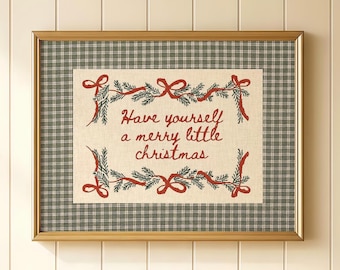Merry Little Christmas Quote Print | Vintage Gingham Plaid Holiday Wall Art | Country Cottage Cozy Winter Christmas Decor | Digital Download