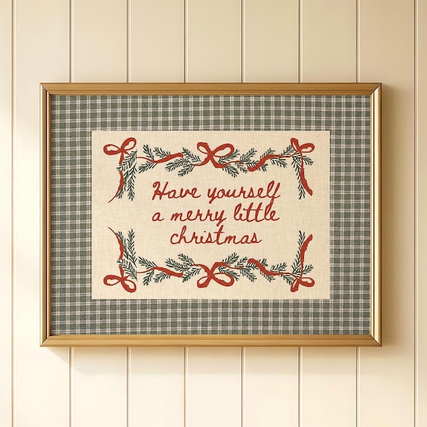 Merry Little Christmas Quote Print | Vintage Gingham Plaid Holiday Wall Art | Country Cottage Cozy Winter Christmas Decor | Digital Download