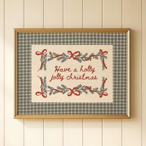 Christmas Quote Gingham Print | Have a Holly Jolly Christmas | Vintage Holiday Wall Art | Country Cottage Winter Decor | Digital Download